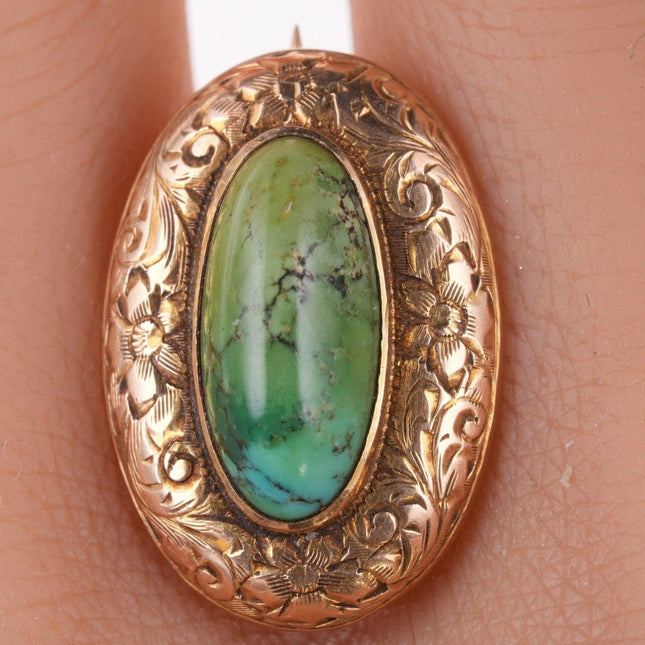 Antique Engraved 14k gold Turquoise pin