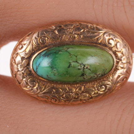 Antique Engraved 14k gold Turquoise pin