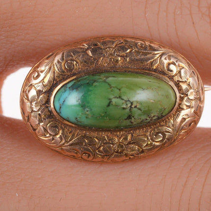 Antique Engraved 14k gold Turquoise pin