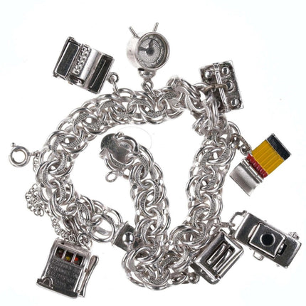 c1960 Wells Sterling Emaille Articulated Charm Armband, Bier, Spielautomaten, Streichholzbriefchen, Kamera