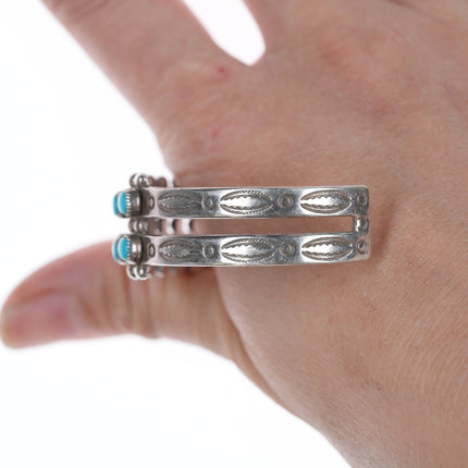 7" c1950's Bell Trading post Stamped silver and snake eye turquoise double row cuff bracelet