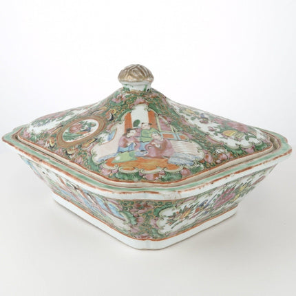 C1860 antique chinese famille rose medallion covered serving dish 9.5" wide x 6"