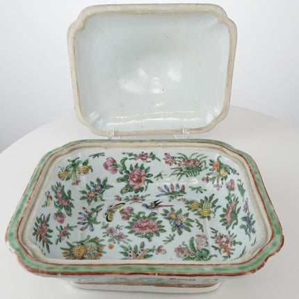 C1860 antique chinese famille rose medallion covered serving dish 9.5" wide x 6"