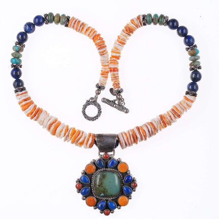 Southwestern sterling spiny oyster, lapis, and turquoise pendant and beaded neck