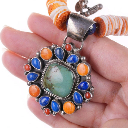 Southwestern sterling spiny oyster, lapis, and turquoise pendant and beaded neck