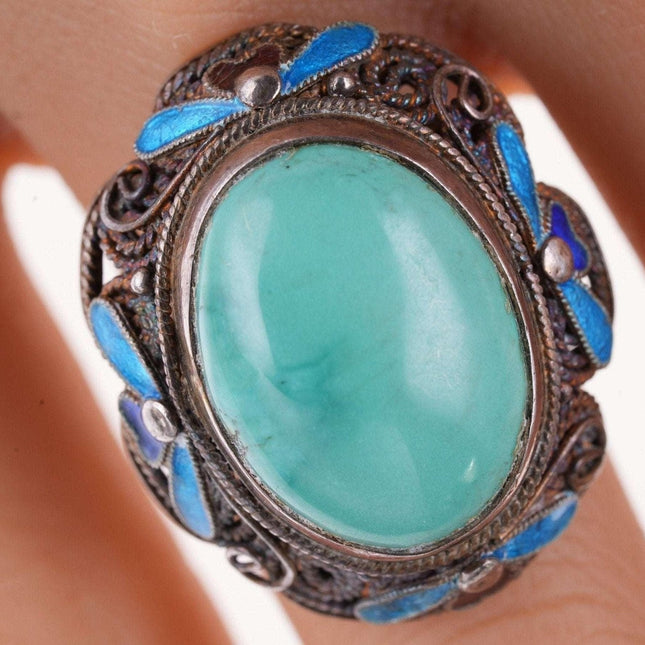 Sz7 Vintage Chinese Turquoise Filigree Sterling Silver Enamel Ring