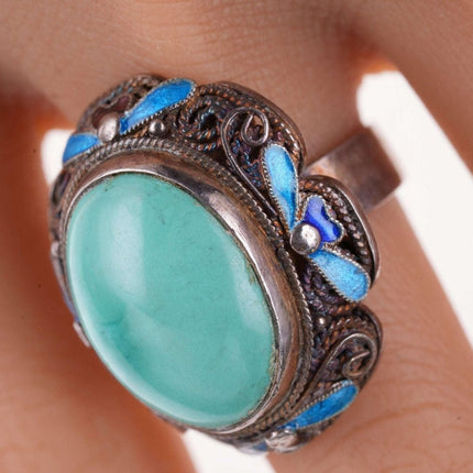 Sz7 Vintage Chinese Turquoise Filigree Sterling Silver Enamel Ring