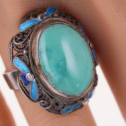 Sz7 Vintage Chinese Turquoise Filigree Sterling Silver Enamel Ring