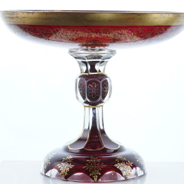 Antique Bohemian Ruby Flashed Cut overlay glass compote with heavy gold