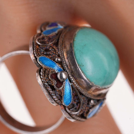 Sz7 Vintage Chinese Turquoise Filigree Sterling Silver Enamel Ring