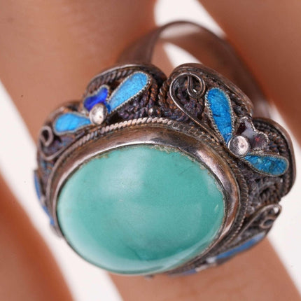 Sz7 Vintage Chinese Turquoise Filigree Sterling Silver Enamel Ring