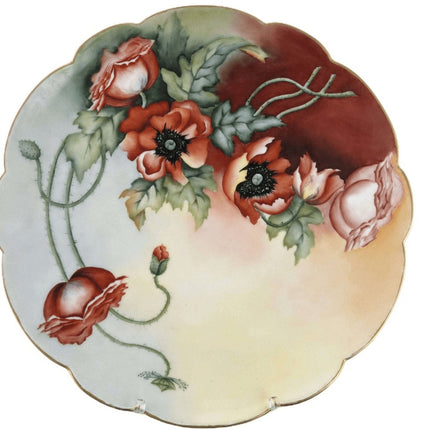 c1910 13 5/8" T&V Limoges Porcelain Charger Hand Painted Artist signed Red Poppi