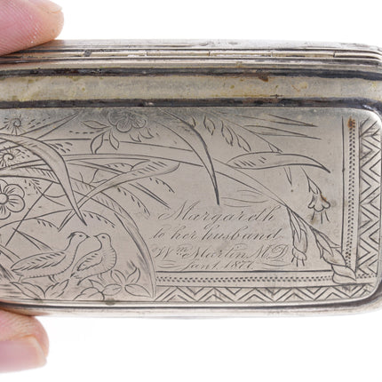 c1877 Engraved Quails Snuff Box with inscription