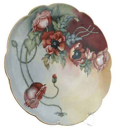 c1910 13 5/8 英寸 T&amp;V 利摩日陶瓷充电器手绘艺术家签名红色罂粟花