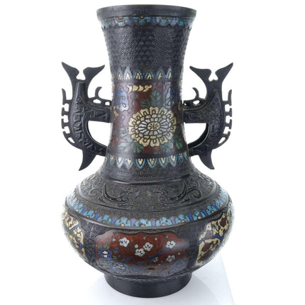 Large c1900 Japanese Champleve Vase Archaistic Chinese style