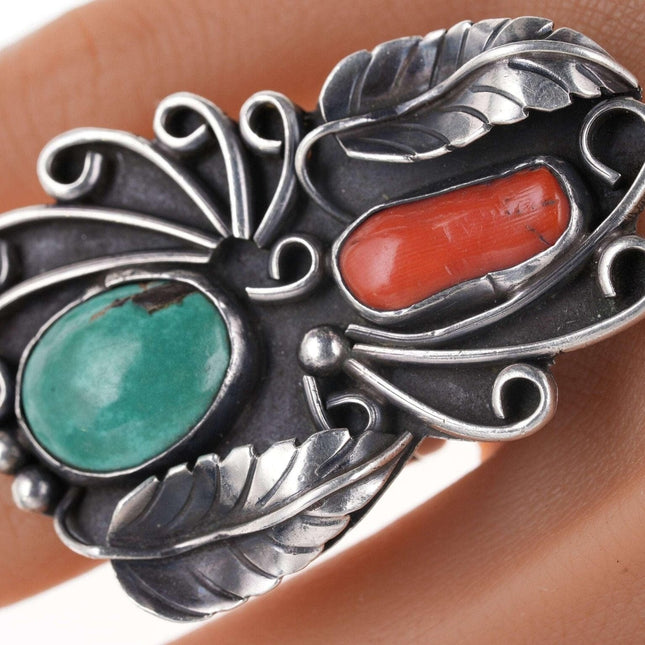 Large Vintage Navajo Mary Chavez Sterling/turqoise/coral ring