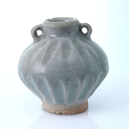 Thai Sawankhalok Celadon Jarlet with lobed decoration and handles