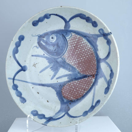 Early Chinese Porcelain Carp plate with copper red