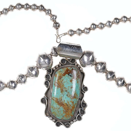 Large Navajo Sterling and Turquoise Pendant with Beaded necklace