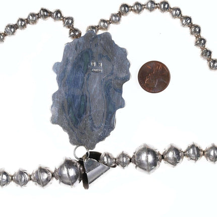大号纳瓦霍纯银和绿松石吊坠，带串珠项链