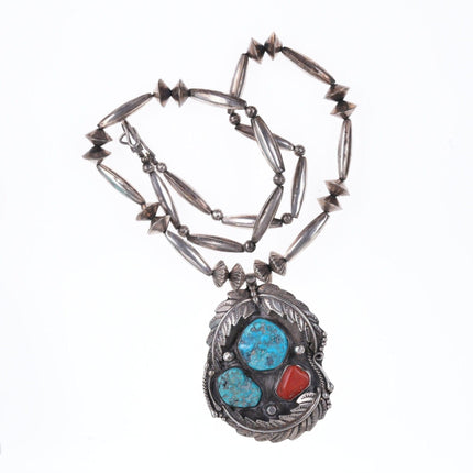 1970's Justin Morris Navajo Sterling Turquoise and coral pendant/necklace