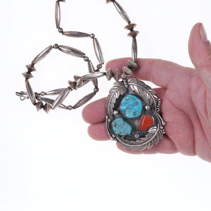 1970's Justin Morris Navajo Sterling Turquoise and coral pendant/necklace