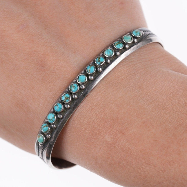 6.5" 30's-40's Native American Stamped silver and turquoise row cuff bracelet