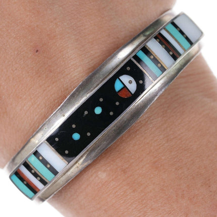 Harold Smith Native American Sterling, turquoise, coral, Jet, and shell inlay Br