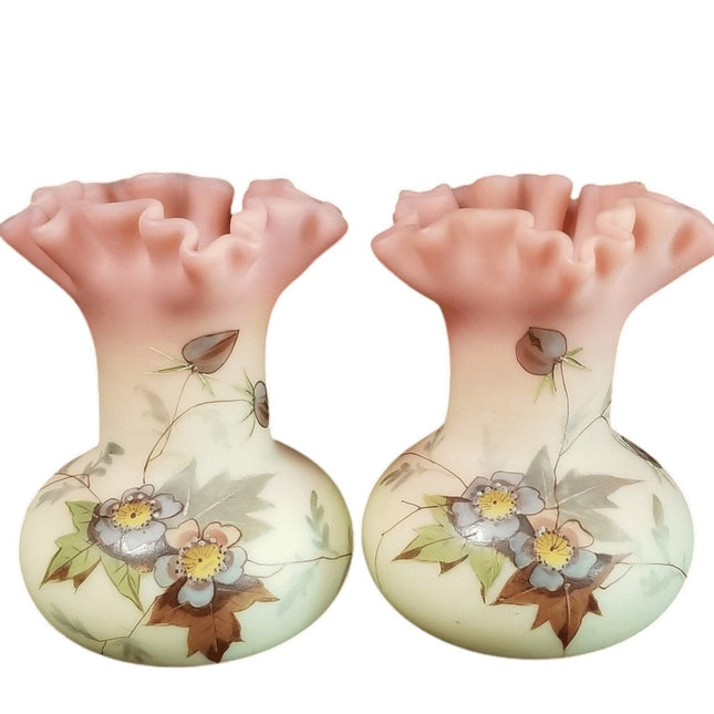 Thomas Webb Burmese Vases Enameled Pair C.1890 Ruffled rims