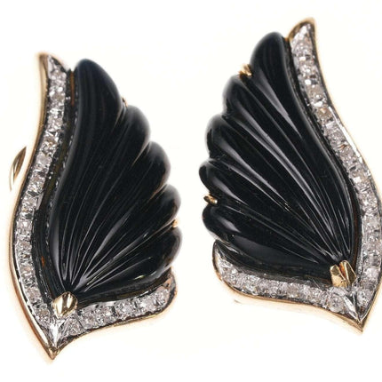Retro 14k Diamond Black Jade clip-on earrings