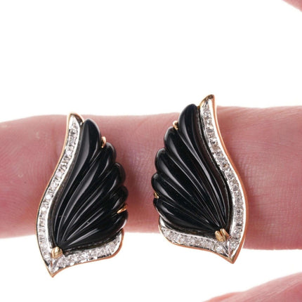 Retro 14k Diamond Black Jade clip-on earrings