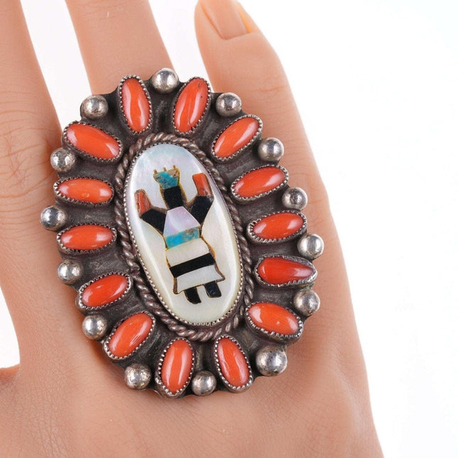 Sz8 Large Vintage Zuni silver inlay coral cluster ring
