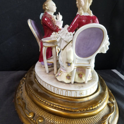 Antique Volkstedt Porcelain Figure group courting couple Drinking Tea on gilt wo