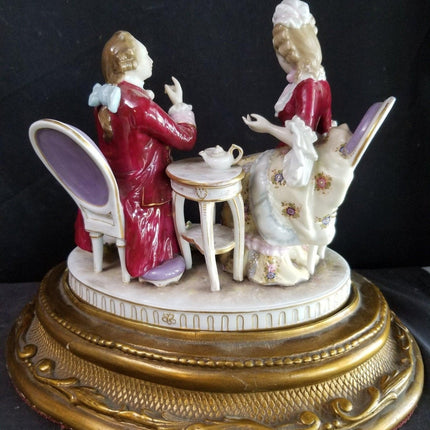 Antique Volkstedt Porcelain Figure group courting couple Drinking Tea on gilt wo