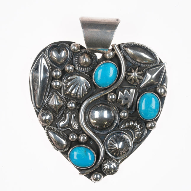 Ronnie Willie (Navajo) Large Silver heart  pendant with turquoise