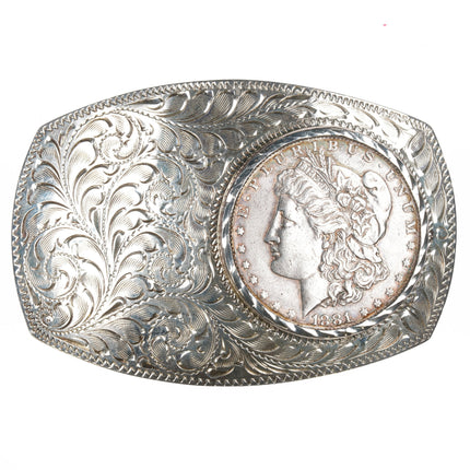 Sterling Frontier Silver Reno Nevada Hand engraved buckle with 1881 Silver dollar