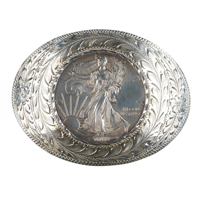 Sterling Frontier Silver Reno Nevada Hand engraved buckle with 2011 Silver dollar