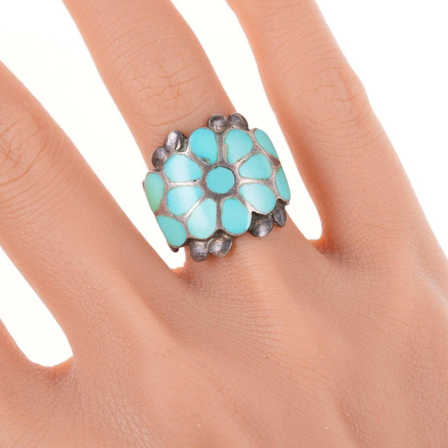 sz7 Vintage Dishta Style Zuni sterling and turquoise flush inlay ring