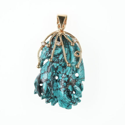 14k gold, Diamond, Chinese Carved Hubei Spiderweb turquoise pendant