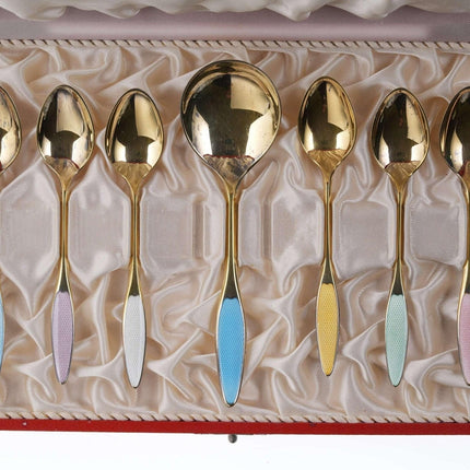 Mid Century Frigast Gilt Sterling Guilloche enamel demitasse/sugar spoon set