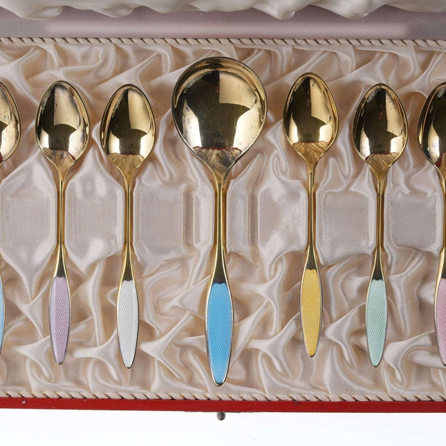 Mid Century Frigast Gilt Sterling Guilloche enamel demitasse/sugar spoon set