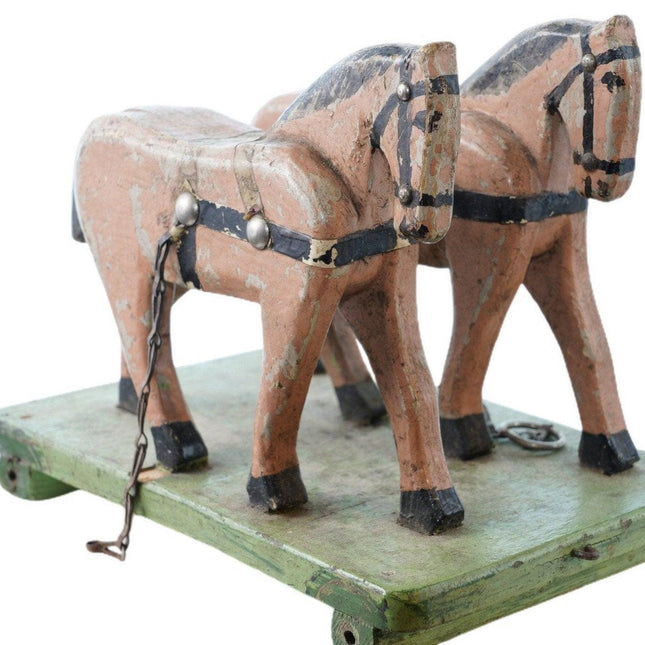 Antique American Folk art wood horses pull toy