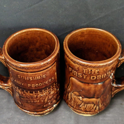 1920's Sunshine Dairy Products Stoneware Advertising Cow Mugs Rockingham Glaze