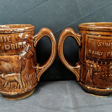 1920's Sunshine Dairy Products Stoneware Advertising Cow Mugs Rockingham Glaze