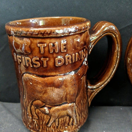 1920's Sunshine Dairy Products Stoneware Advertising Cow Mugs Rockingham Glaze