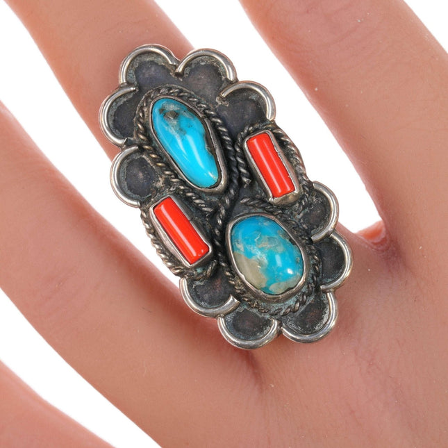 sz6.25 Alfred Tom Navajo 純銀、綠松石和珊瑚戒指