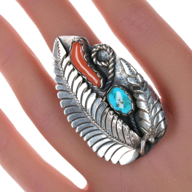sz7.5 Large Vintage Native American silver turquoise and coral ring