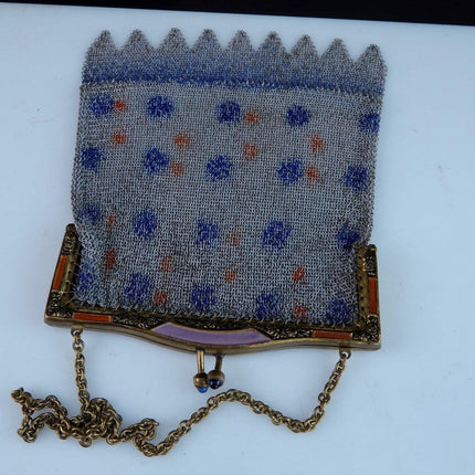 1920's Art Deco Mesh Handbag with Jeweled snaps and Enameled frame