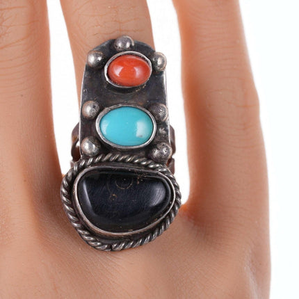 sz7 Large Vintage Native American sterling/turquoise, coral, and onyx ring