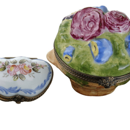 Hand Painted Limoges Trinket Boxes Flower basket and painted roses